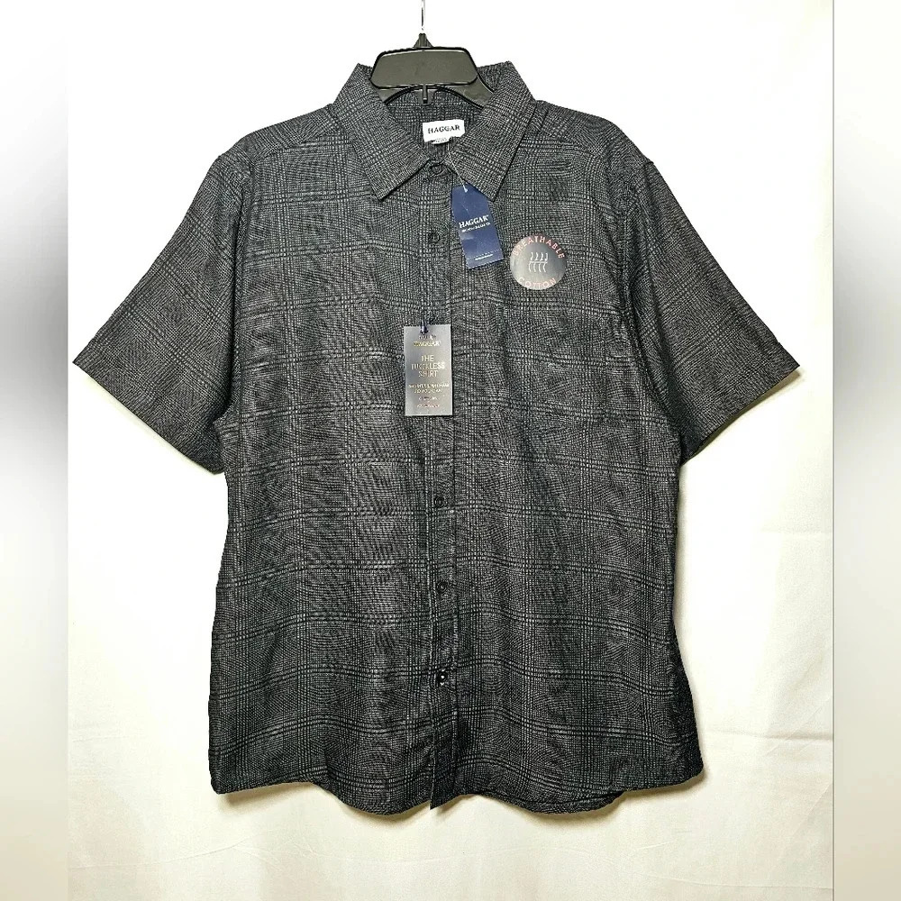 Haggar Mens The Tuckless Shirt Black Gray Plaid Short Sleeve Button-up L